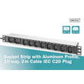 1U Aluminum PDU, rackmountable, 8 x C13, 2 x C19 16A, 230VAC, 50/60Hz, IEC C20 plug