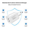 USB-C charger, 100 W, GaN, 2-port, 2x USB-C (PD), White