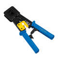 Crimping tool for RJ11/12/45 connectors with open end, with cutter