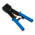 Crimping tool for RJ11/12/45 connectors with open end, with cutter