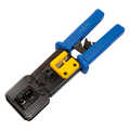 Crimping tool for RJ11/12/45 connectors with open end, with cutter