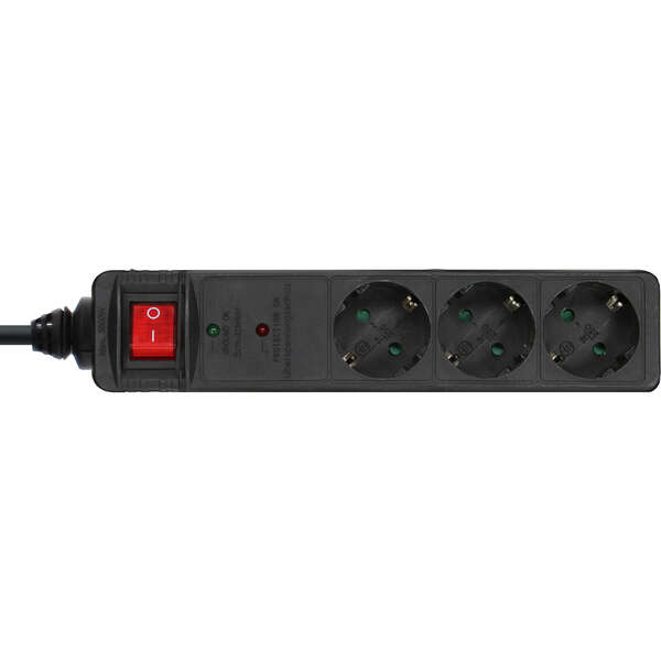 Naar omschrijving van 16431P - InLine Power strip, black, 3-fold with overload protection, 3x Schutzkontakt, with on/off switch, 1,5m supply cable, with child safety