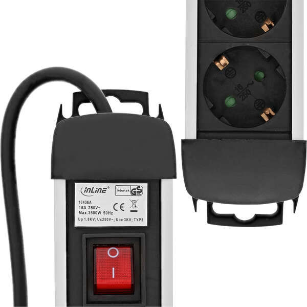 Naar omschrijving van 16436A - InLine Power strip, Alu, 6-fold with overload protection, 6x Schutzkontakt,with on/off switch, 1,5m supply cable, with child safety