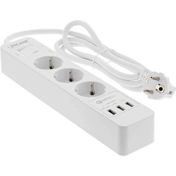 Naar omschrijving van 16491 - InLine® Socket strip, 3-way CEE 7/3, with protection and USB QC3.0, white