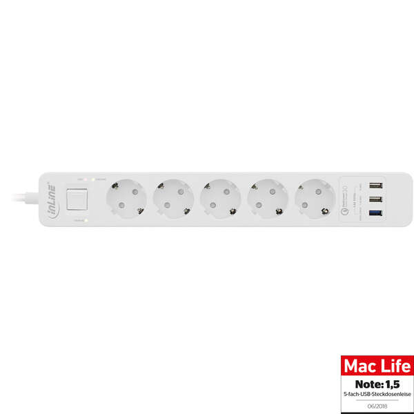 Naar omschrijving van 16491T - InLine® Socket strip, 5-way CEE 7/3, with protection and USB QC3.0 white