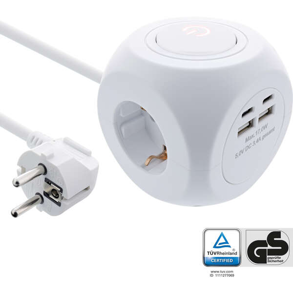 Naar omschrijving van 16499A - InLine® Charging Cube, 3x earthing contact, 2x USB-C, 2x USB-A, white, 2m