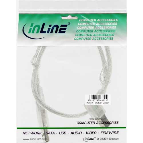 Naar omschrijving van 34519L - InLine USB 2.0 Kabel,  A an B links abgewinkelt, transparent, 1m