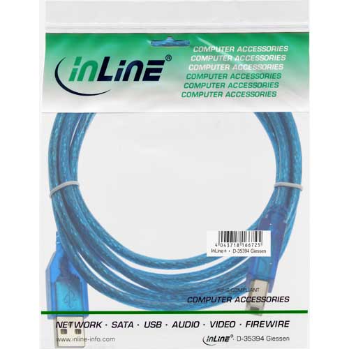 Naar omschrijving van 34535B - InLine USB 2.0 kabel,  A naar B, blauw transparant, 3m