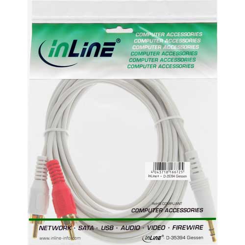 Naar omschrijving van 89939X - InLine Tulp-/jack kabel,  2x Tulpplug naar 3,5mm jack connector, wit/goud, 3m