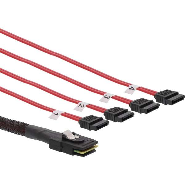 Naar omschrijving van 27610 - InLine SAS connector kabel,  Mini SAS SFF8087 naar 4x SATA, Crossover, 75cm