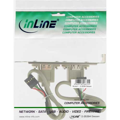 Naar omschrijving van 33390 - InLine Slotplaatje,  2x USB 2.0 A Female naar 2x 5-pins interne stekker, 25cm