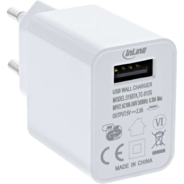 Naar omschrijving van 31507A - InLine USB Power Adapter Single, 100-240V to 5V/2.5A, white