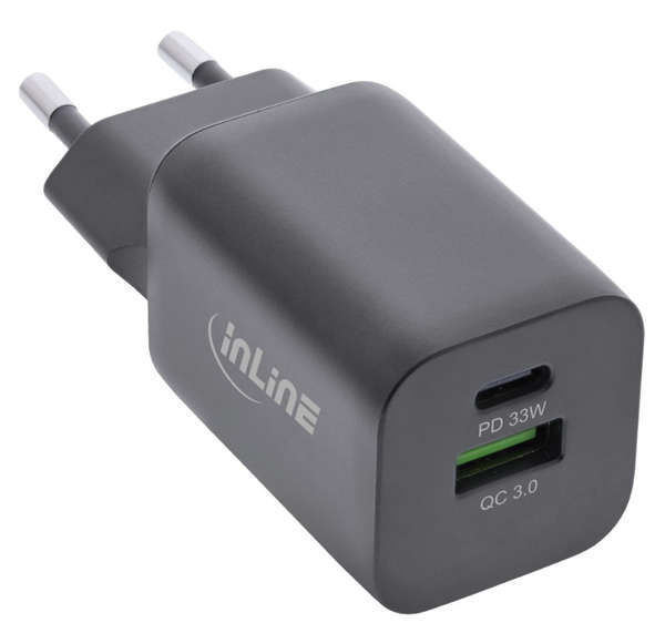 Naar omschrijving van 31508C - InLine® USB power supply, charger, USB-A + USB Type-C, 33W, Power Delivery + Qui