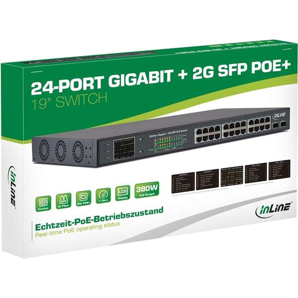 Naar omschrijving van 32324P - InLine PoE+ Gigabit Network Switch 24 Port, 1GBit/s, 2x SFP, 48,26cm