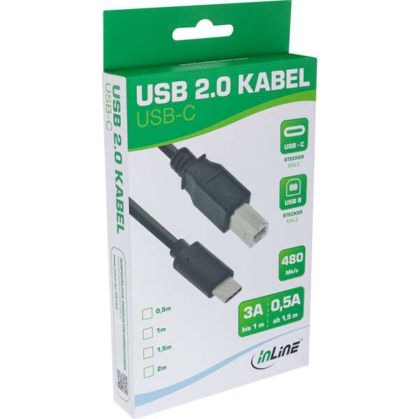 Naar omschrijving van 35761 - InLine® USB 2.0 Cable, USB-C male / USB-B male, black, 1m