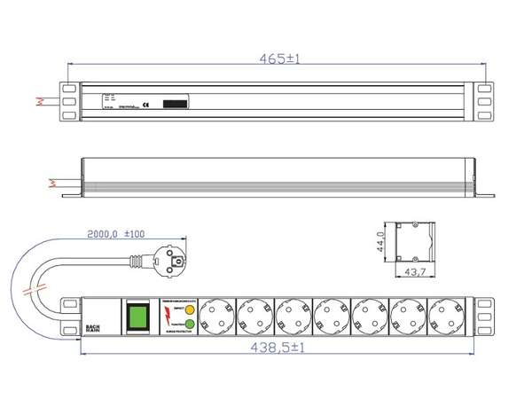 Naar omschrijving van 691688 - 19 inch 7-v spanningsslof, schakelaar,  ovespan.beveiliging 2m