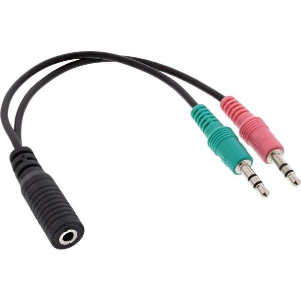 Naar omschrijving van 99312I - InLine Audio Headset adpter cable, 2x 3.5mm M to 3.5mm F 4pin, CTIA, 0.15m
