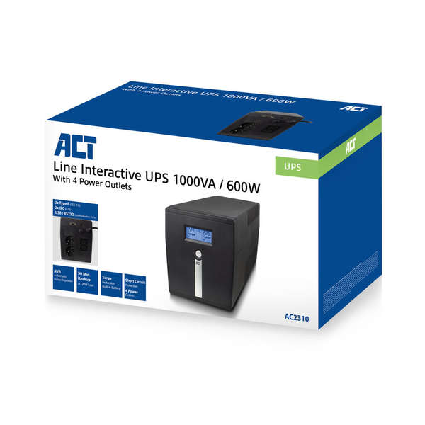 Naar omschrijving van AC2310 - ACT UPS, 1000 VA, 2x IEC C13, 2x type F female, 1x USB, 1x RS232