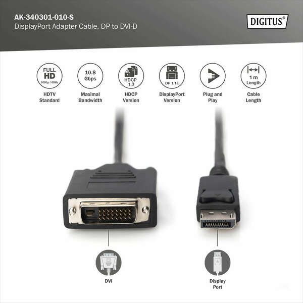 Naar omschrijving van AK-340301-010-S - DisplayPort Adapter Cable, Type DP-DVI (24+1) M/M, 1.0m, w/interlock, DP 1.1a, bl