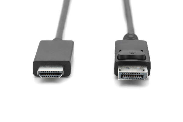 Naar omschrijving van AK-340303-020-S - DisplayPort Adapter Cable, Type DP-HDMI A M/M, 2.0m, w/lock,4K@60Hz, DP 1.2, HDMI 2.0, bl