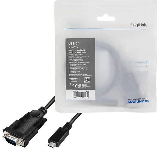 Naar omschrijving van AU0051A - USB 2.0 Type-C cable, C/M to DB9 (RS232)/M, Win11, black, 1.2 m