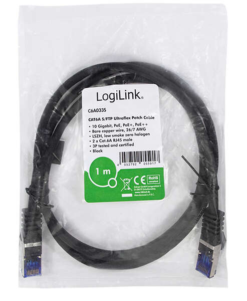 Naar omschrijving van C6A033S - Patch cable Cat.6A S/FTP Ultraflex GHMT certified, black  1.0m