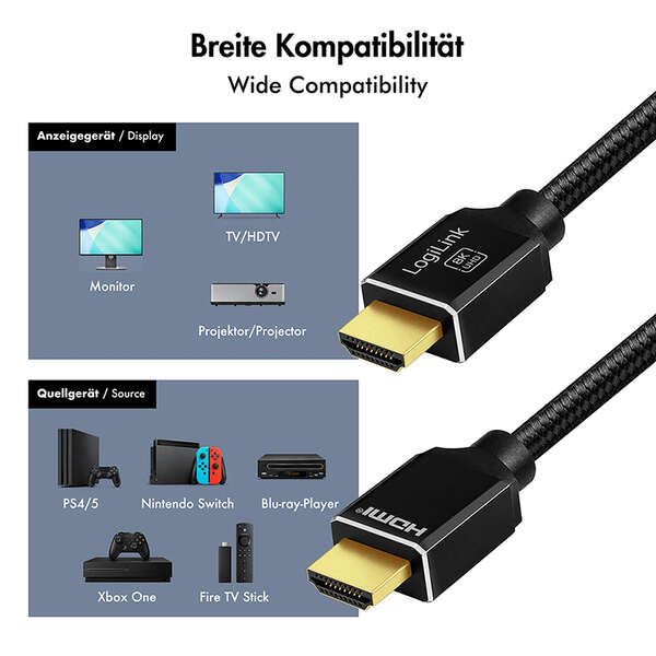 Naar omschrijving van CH0113 - HDMI cable, A/M to A/M, 8K/60 Hz, 48 Gbps, metal, nylon, certified, black, 5 m