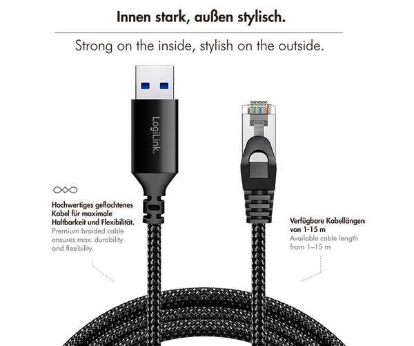 Naar omschrijving van CU0401 - USB 3.0 Ethernet cable, A/M to RJ45/M, 1 Gbps, active, black/grey, 1.5 m