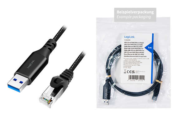 Naar omschrijving van CU0401 - USB 3.0 Ethernet cable, A/M to RJ45/M, 1 Gbps, active, black/grey, 1.5 m