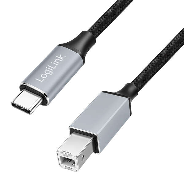 Naar omschrijving van CU0515 - USB 2.0 Type-C cable, C/M to B/M, 480 Mbps, nylon, metal, black/silver, 2 m