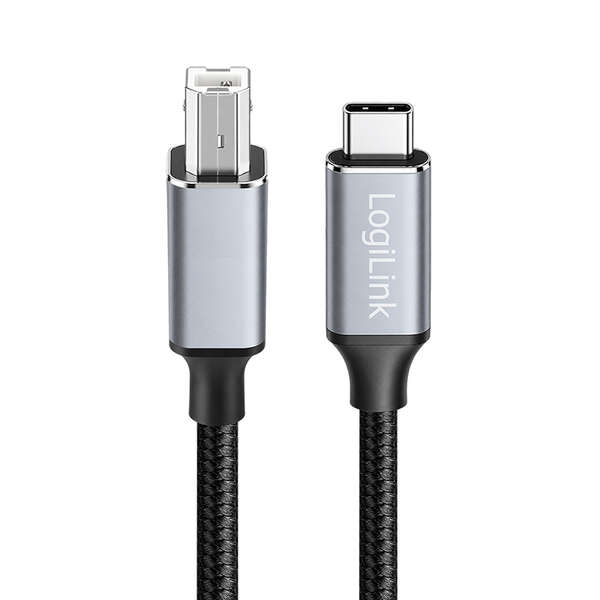 Naar omschrijving van CU0515 - USB 2.0 Type-C cable, C/M to B/M, 480 Mbps, nylon, metal, black/silver, 2 m