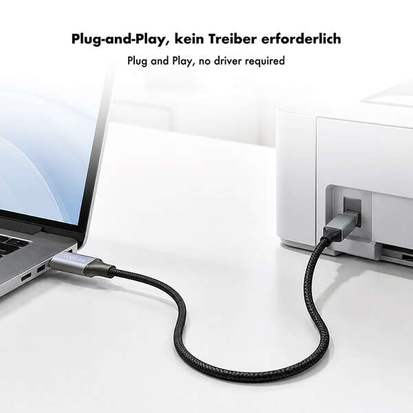 Naar omschrijving van CU0516 - USB 2.0 Type-C cable, C/M to B/M, 480 Mbps, nylon, metal, black/silver, 3 m