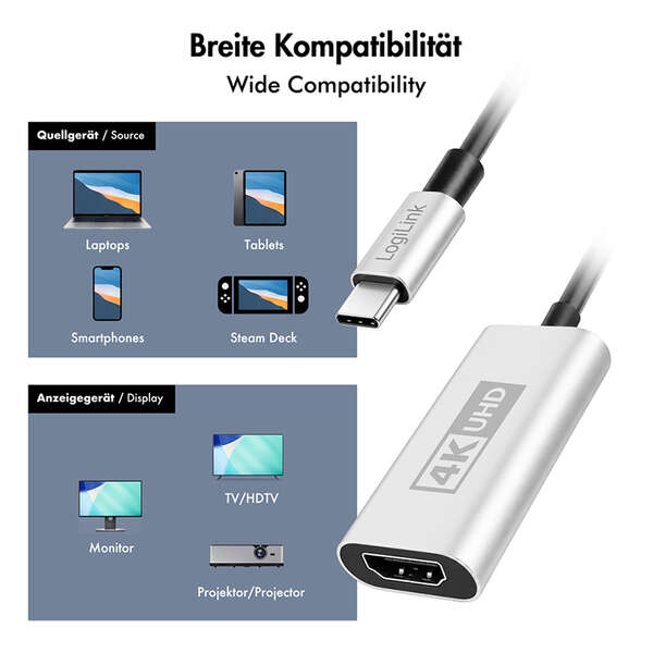 Naar omschrijving van CUA0115 - USB 3.2 Gen1 Type-C adapter, C/M to HDMI-A/F, 4K/60 Hz, metal,black/silver,0.15 m