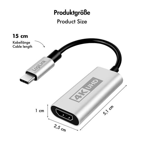 Naar omschrijving van CUA0115 - USB 3.2 Gen1 Type-C adapter, C/M to HDMI-A/F, 4K/60 Hz, metal,black/silver,0.15 m
