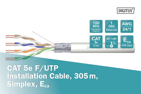 Naar omschrijving van DK-1521-V-305 - CAT 5e F-UTP installation cable, 100 MHz Eca (PVC), AWG 24/1, 305 m paper box, sx, grey