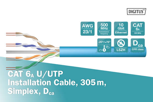 Naar omschrijving van DK-1614-A-VH-305 - CAT 6A U-UTP installation cable, 500 MHz Dca (EN 50575), AWG 23/1, 305 m drum, Sx, blue