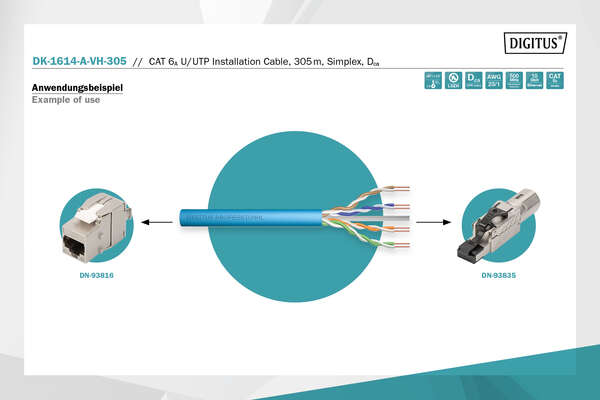 Naar omschrijving van DK-1614-A-VH-305 - CAT 6A U-UTP installation cable, 500 MHz Dca (EN 50575), AWG 23/1, 305 m drum, Sx, blue