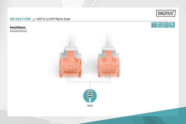 Naar omschrijving van DK-1617-005 - CAT 6 U-UTP patch cord, Cu, LSZH AWG 26/7, length 0.50 m, color grey