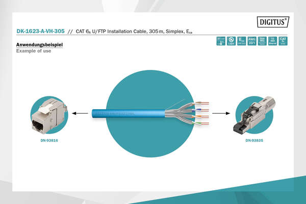 Naar omschrijving van DK-1625-A-VH-305 - CAT 6A U-FTP installation cable, 500 MHz Cca (EN 50575), AWG 23/1, 305 m easy pull box,