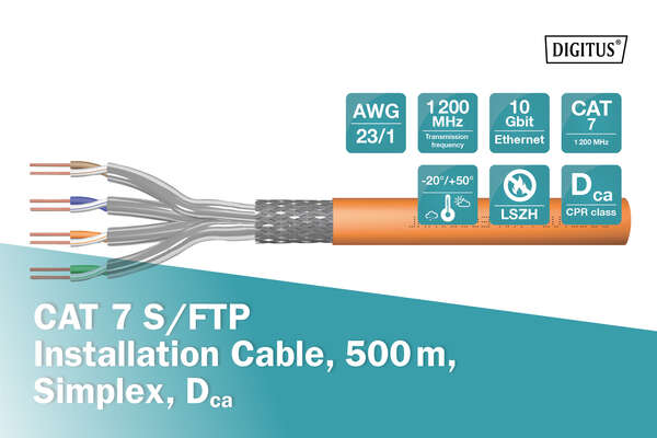 Naar omschrijving van DK-1743-VH-5 - CAT 7 S-FTP installation cable, 1200 MHz Dca (EN 50575), AWG 23/1, 500 m drum, SX, orange