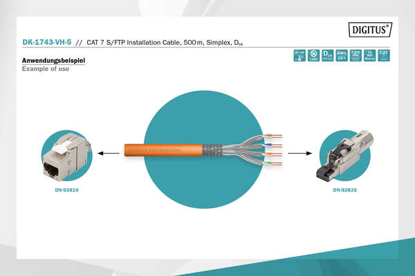 Naar omschrijving van DK-1743-VH-5 - CAT 7 S-FTP installation cable, 1200 MHz Dca (EN 50575), AWG 23/1, 500 m drum, SX, orange