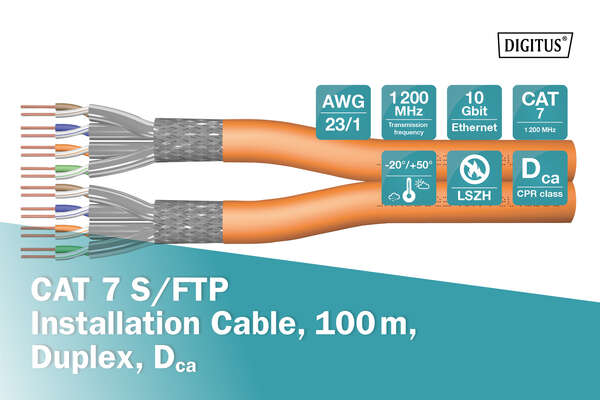 Naar omschrijving van DK-1743-VH-D-1 - CAT 7 S-FTP installation cable, 1200 MHz Dca (EN 50575), AWG 23/1, 100 m ring, Dx, orange