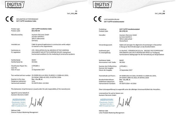 Naar omschrijving van DK-1743-VH-D-1 - CAT 7 S-FTP installation cable, 1200 MHz Dca (EN 50575), AWG 23/1, 100 m ring, Dx, orange