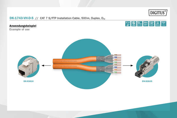 Naar omschrijving van DK-1743-VH-D-5 - CAT 7 S-FTP installation cable, 1200 MHz Dca (EN 50575), AWG 23/1, 500m drum, Dx, orange