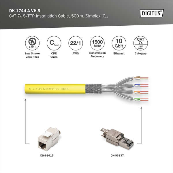 Naar omschrijving van DK-1744-A-VH-5 - CAT 7A S-FTP installation cable, 1500 MHz Cca (EN 50575), AWG 22/1, 500 m drum, yellow