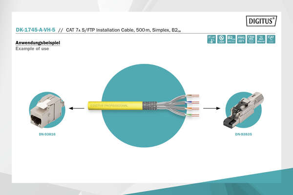 Naar omschrijving van DK-1745-A-VH-5 - CAT 7A S-FTP installation cable, 1500 MHz B2ca (EN 50575), AWG 22/1, 500 m drum, Sx, yellow