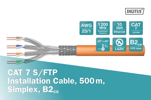 Naar omschrijving van DK-1745-VH-5 - CAT 7 S-FTP installation cable, 1200 MHz B2ca (EN 50575), AWG 23/1, 500 m drum, Sx, orange