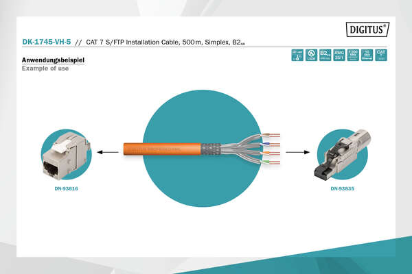 Naar omschrijving van DK-1745-VH-5 - CAT 7 S-FTP installation cable, 1200 MHz B2ca (EN 50575), AWG 23/1, 500 m drum, Sx, orange