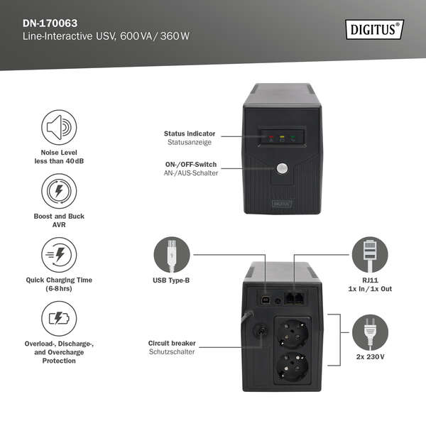 Naar omschrijving van DN-170063 - Line-Interactive UPS, 600VA/360W 12V/7Ah x1 battery,2x CEE 7/7 outlet,RJ-11,LED