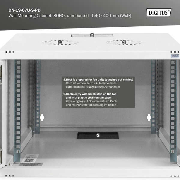 Naar omschrijving van DN-19-07U-S-PD - 7U wall mounting cabinet, SOHO, unmounted 370x540x400 mm, perforated front door, grey